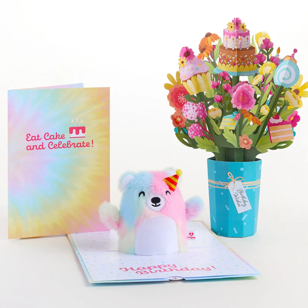 Lovepop Card & Gift Bundles|Plushpop|Eat Cake and Celebrate' Birthday Plushpop Card and Bouquet Bundle