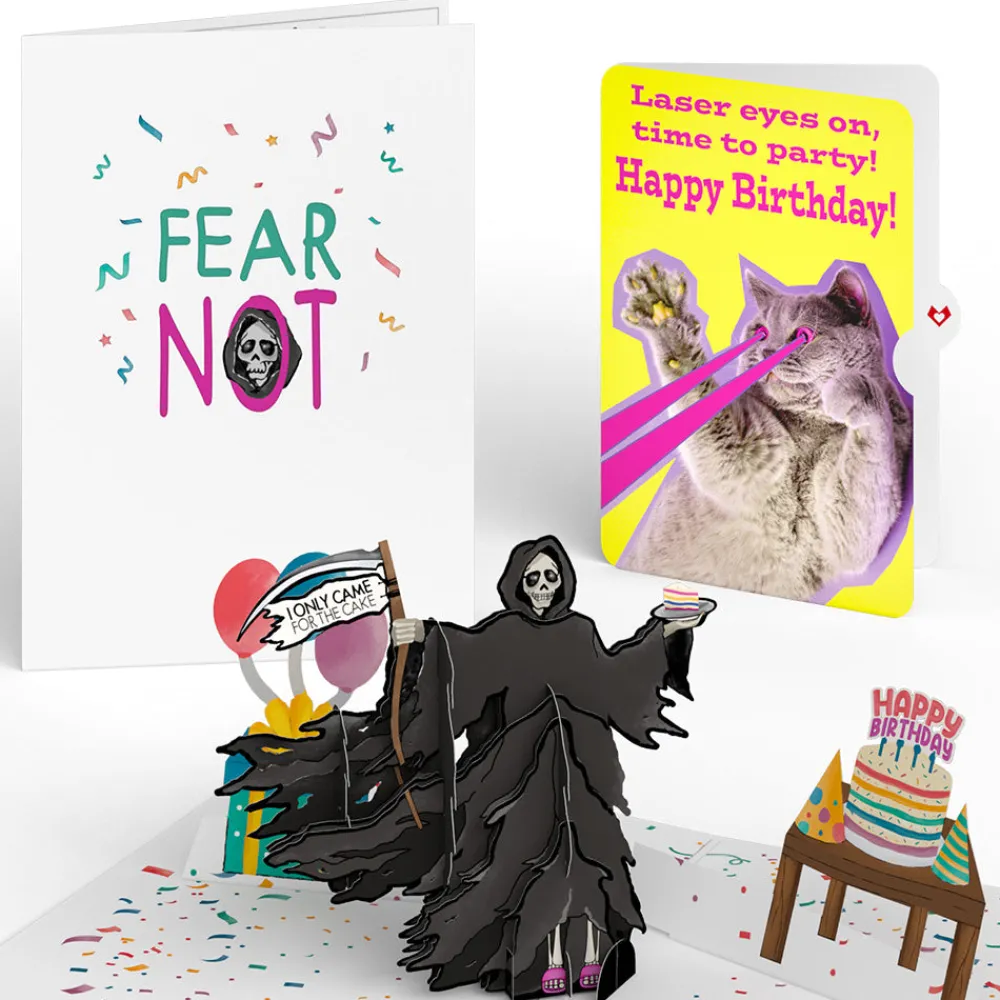 Lovepop Birthday|Grim Reaper Dark Humor Birthday with Cat Laser Eyes Pop-Up Card and Sentiment Set