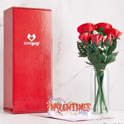 Lovepop Pop-Up Bouquets|Card & Gift Bundles|Handcrafted Paper Flowers: Red Roses (6 Stems) with Happy Valentine's Day Pop-Up Card