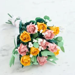 Lovepop Pop-Up Bouquets|Handcrafted Paper Flowers|Handcrafted Paper Flowers: Pink & Yellow Roses (12 Stems) with Lovely Hummingbird Pop-Up Card