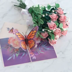 Lovepop Pop-Up Bouquets|Handcrafted Paper Flowers|Handcrafted Paper Flowers: Pink Roses (12 Stems) with Monarch Butterfly Pop-Up Card