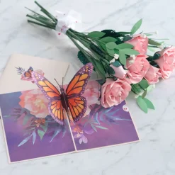Lovepop Pop-Up Bouquets|Card & Gift Bundles|Handcrafted Paper Flowers: Pink Roses (6 Stems) with Monarch Butterfly Pop-Up Card