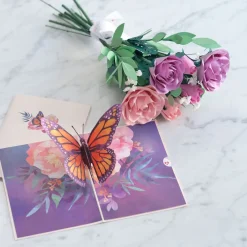Lovepop Pop-Up Bouquets|Card & Gift Bundles|Handcrafted Paper Flowers: Pink & Purple Roses (6 Stems) with Monarch Butterfly Pop-Up Card