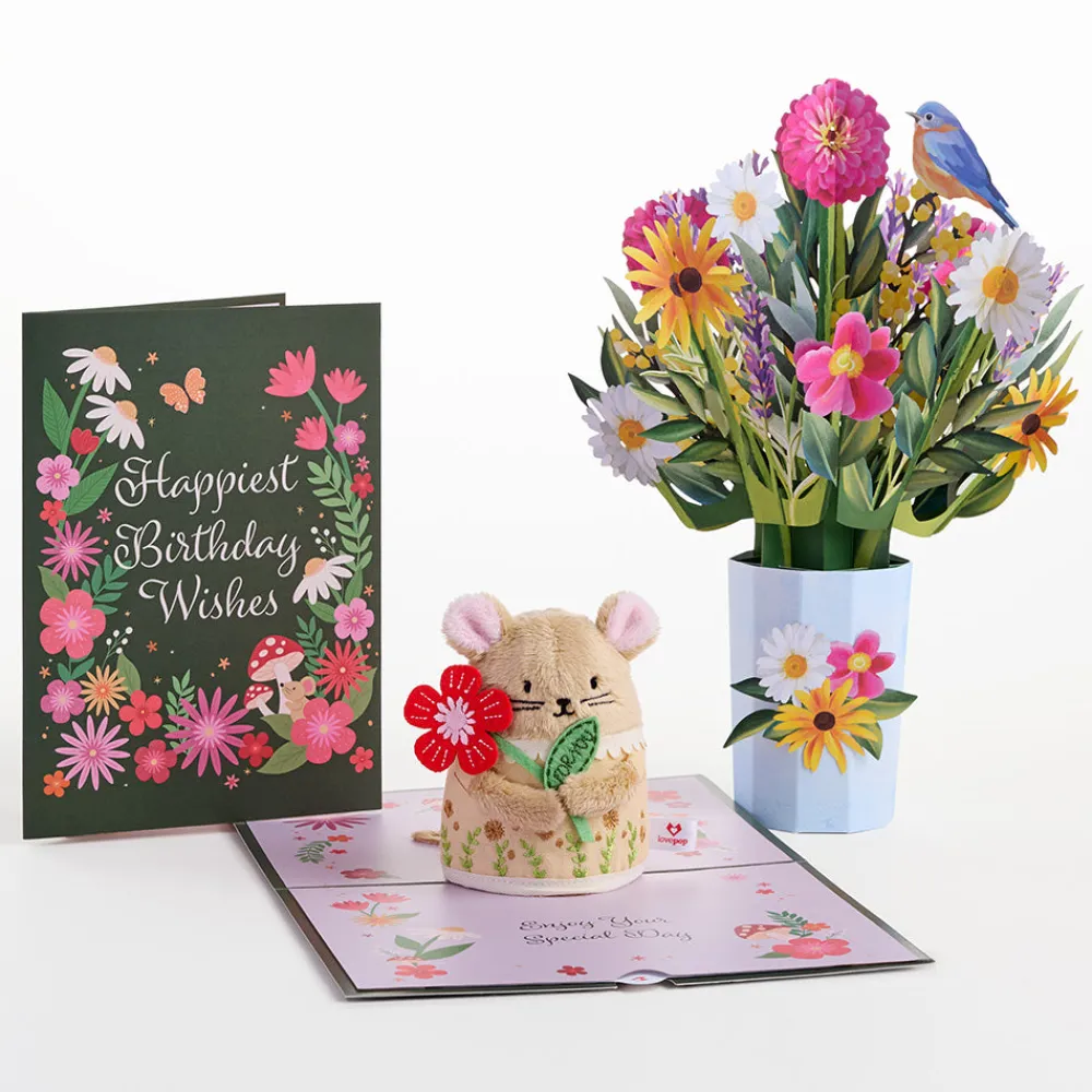 Lovepop Pop-Up Bouquets|Card & Gift Bundles|Happiest Birthday Wishes' Plushpop Card and Bouquet Bundle