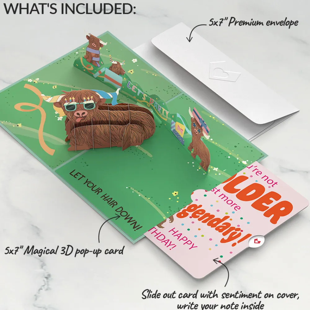 Lovepop Birthday|Highland Cow Birthday Pop-Up Card and Not Older Just More Legendary Sentiment Set