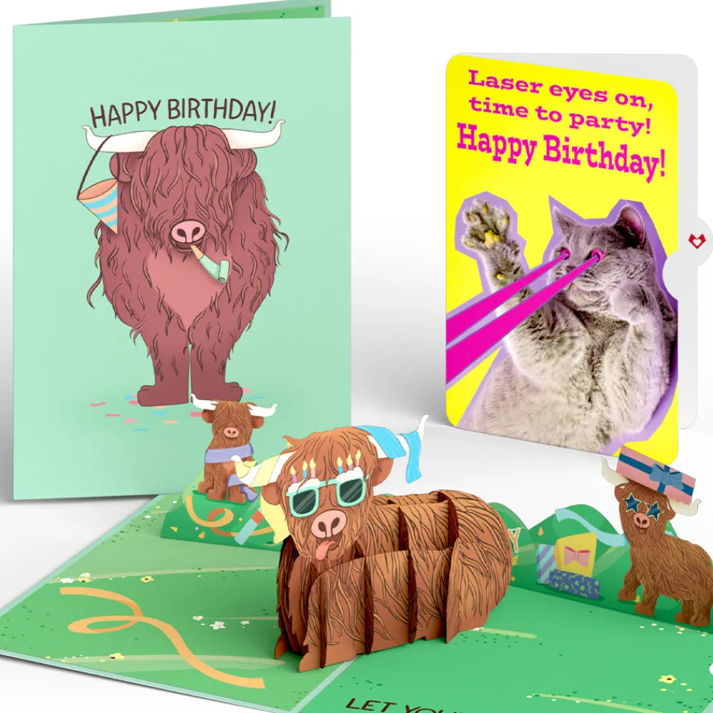 Lovepop Birthday|Highland Cow with Cat Laser Eyes Birthday Pop-Up Card and Sentiment Set