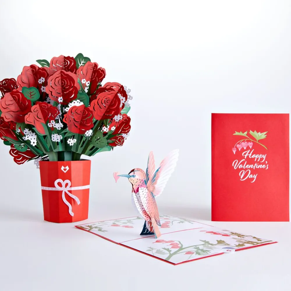 Lovepop Pop-Up Bouquets|Card & Gift Bundles|Red Rose Valentine’s Day Hummingbird Bundle