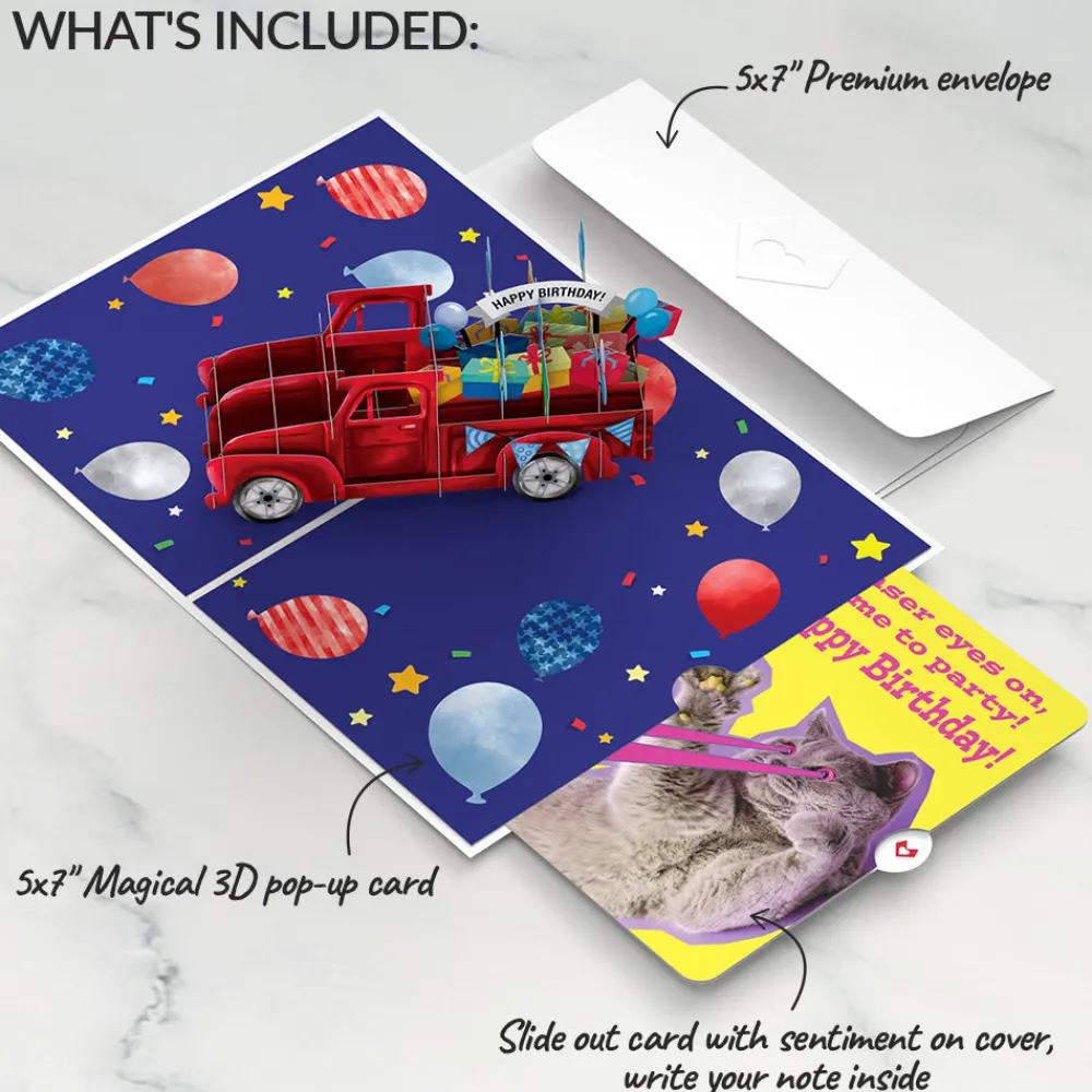 Lovepop Birthday|Truckloads of Birthday Wishes with Cat Laser Eyes Pop-Up Card and Sentiment Set