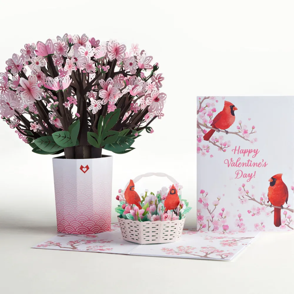 Lovepop Pop-Up Bouquets|Card & Gift Bundles|Valentine’s Cherry Blossom with Cardinals Pop-Up Card & Bouquet Bundle